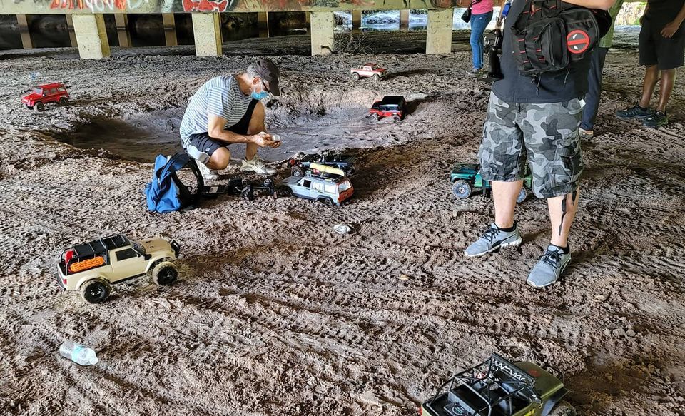 Members playing in the dirt with their RC crawlers